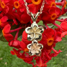 Load image into Gallery viewer,  Vertical Two Tone Plumeria Pendant in 14K Gold
