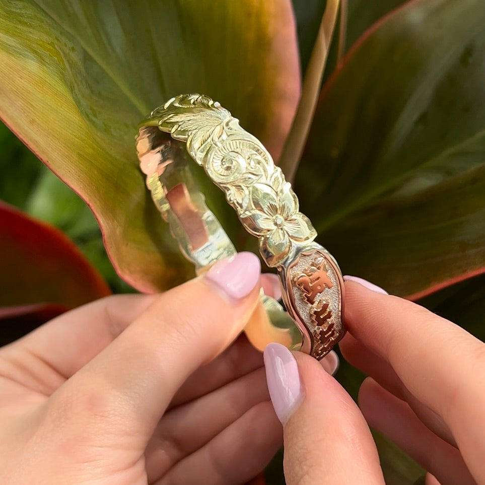 Exclusive Tri-Color Scalloped Old English 8mm Hawaiian Bangle in 14K  Yellow, Green & Pink Gold