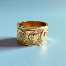Load image into Gallery viewer, Raised Dolphin & Turtle with Old English 12mm Ring in 14K Yellow Gold in size 8
