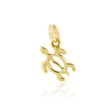 Load image into Gallery viewer, A gold turtle charm pendant with a textured design, suspended from a split ring.