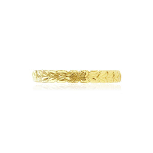 Hawaiian ring with engraved Hibiscus flower and Maile leaf design in 14K yellow gold