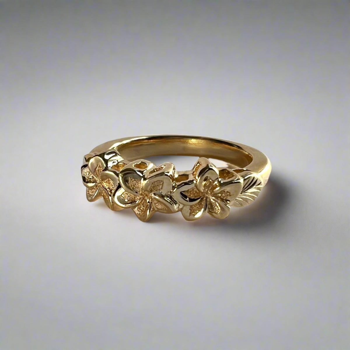 14k Yellow Gold Hawaiian Plumeria Flower Ring - Trio Flower Design, Size Available