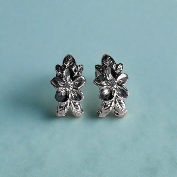 Plumeria with Leaves French Clip Diamond Earrings in 14K White Gold
