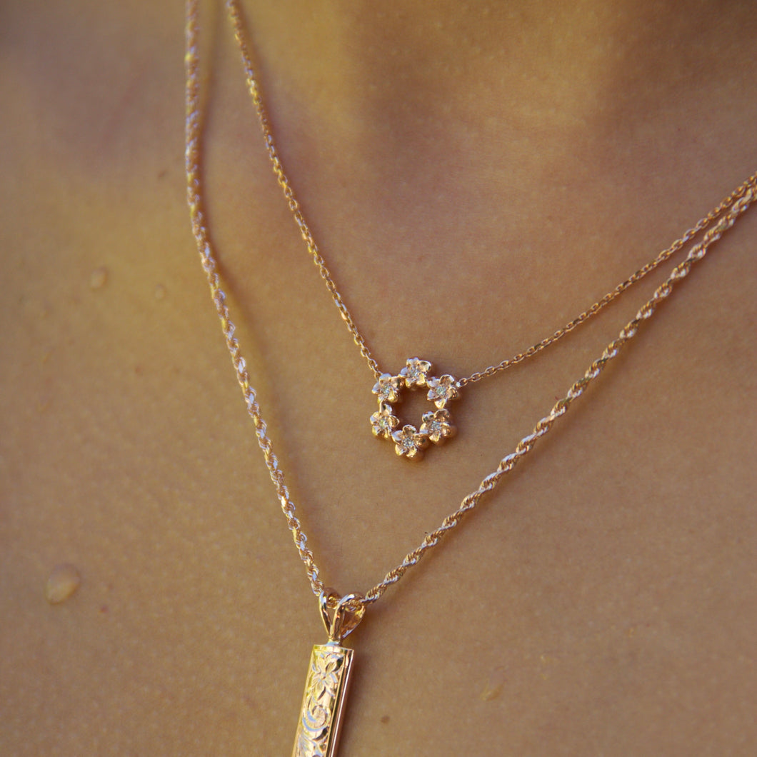 Plumeria Hawaiian Necklace with Diamonds in 14K Gold