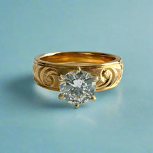 Load image into Gallery viewer, Kaimana Kula Old English & Hibiscus 6mm Solitaire Ring with Cubic Zirconia in 14K Yellow Gold in size 8 1/4