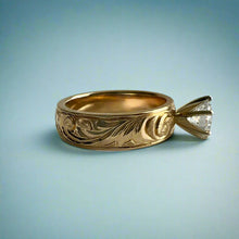 Load image into Gallery viewer, Kaimana Kula Old English & Hibiscus 6mm Solitaire Ring with Cubic Zirconia in 14K Yellow Gold in size 8 1/4