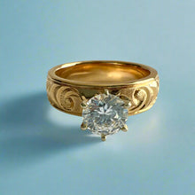 Load image into Gallery viewer, Kaimana Kula Old English & Hibiscus 6mm Solitaire Ring with Cubic Zirconia in 14K Yellow Gold in size 8 1/4