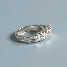 Load image into Gallery viewer, Deep Cut Maile & Plumerias Solitaire Ring with Cubic Zirconia & Diamonds in 14K White Gold in size 7