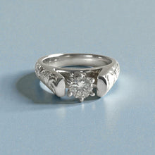 Load image into Gallery viewer, Old English & Hibiscus 4mm French Mount Solitaire Ring with .25ct Diamond in 14K White Gold in size 6