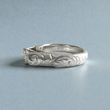 Load image into Gallery viewer, Old English & Hibiscus 4mm French Mount Solitaire Ring with .25ct Diamond in 14K White Gold in size 6