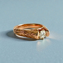 Load image into Gallery viewer, Old English & Hibiscus 4mm French Mount Solitaire Ring with .28ct Diamond in 14K Pink Gold in size 6 5/8