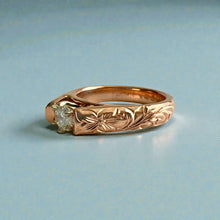 Load image into Gallery viewer, Old English & Hibiscus 4mm French Mount Solitaire Ring with .28ct Diamond in 14K Pink Gold in size 6 5/8