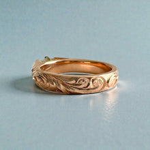 Load image into Gallery viewer, Old English & Hibiscus 4mm French Mount Solitaire Ring with .28ct Diamond in 14K Pink Gold in size 6 5/8