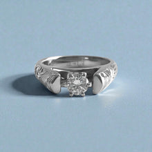 Load image into Gallery viewer, Old English & Hibiscus 4mm French Mount Solitaire Ring with .24ct Diamond in 14K White Gold in size 6 1/8