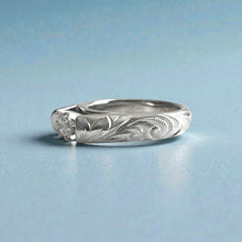 Load image into Gallery viewer, Old English & Hibiscus 4mm French Mount Solitaire Ring with .24ct Diamond in 14K White Gold in size 6 1/8