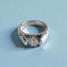 Load image into Gallery viewer, Old English & Hibiscus 4mm French Mount Solitaire Ring with .24ct Diamond in 14K White Gold in size 6 1/8