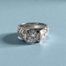 Load image into Gallery viewer, Old English & Hibiscus 6mm French Mount Solitaire Ring with .75ct Cubic Zirconia in 14K White Gold in size 6 5/8