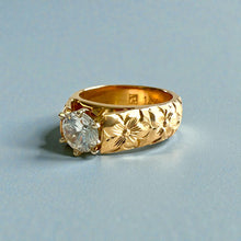 Load image into Gallery viewer, Hibiscus 6mm French Mount Solitaire Ring with 6.4mm Cubic Zirconia in 14K Yellow Gold in size 6 3/8