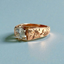 Load image into Gallery viewer, Old English & Hibiscus 6mm Tapered French Mount Solitaire Ring with 1ct Cubic Zirconia in 14K Pink Gold in size 5 3/4
