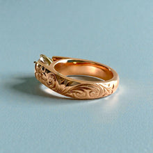 Load image into Gallery viewer, Old English & Hibiscus 6mm Tapered French Mount Solitaire Ring with 1ct Cubic Zirconia in 14K Pink Gold in size 5 3/4