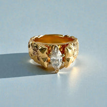 Load image into Gallery viewer, Scalloped Shiny Maile & Hibiscus 8mm French Mount Solitaire Ring with .81ct Marquise Cubic Zirconia in 14K Yellow Gold in size 6 3/4