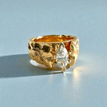 Load image into Gallery viewer, Scalloped Shiny Maile & Hibiscus 8mm French Mount Solitaire Ring with .81ct Marquise Cubic Zirconia in 14K Yellow Gold in size 6 3/4