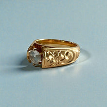 Load image into Gallery viewer, Old English & Hibiscus 8mm Tapered French Mount Solitaire Ring with 5.4mm Cubic Zirconia in 14K Yellow Gold in size 8 1/8