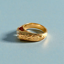 Load image into Gallery viewer, Old English & Hibiscus 8mm Tapered French Mount Solitaire Ring with 5.4mm Cubic Zirconia in 14K Yellow Gold in size 8 1/8