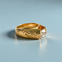 Load image into Gallery viewer, Old English & Hibiscus 8mm Tapered French Mount Solitaire Ring with 5.4mm Cubic Zirconia in 14K Yellow Gold in size 8 1/8