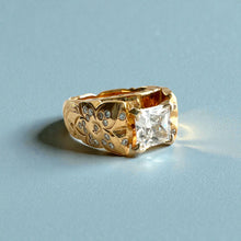 Load image into Gallery viewer, Scalloped Old English & Hibiscus 10mm Tapered French Mount Solitaire Engagement Ring with Princess Cut 1ct Cubic Zirconia & .5ct Diamonds in 14K Yellow Gold in size 7 1/4