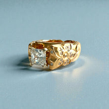 Load image into Gallery viewer, Scalloped Old English & Hibiscus 10mm Tapered French Mount Solitaire Engagement Ring with Princess Cut 1ct Cubic Zirconia & .5ct Diamonds in 14K Yellow Gold in size 7 1/4