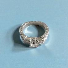 Load image into Gallery viewer, Malama Old English Flat Ring with Princess Cut Cubic Zirconia and Diamonds in 14K White Gold in size 5 1/2