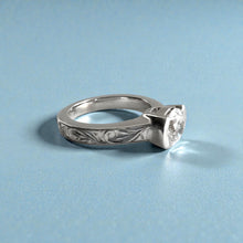 Load image into Gallery viewer, Malama Old English Flat Ring with 6.4mm Cubic Zirconia in 14K White Gold in size 6 1/2