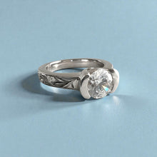 Load image into Gallery viewer, Malama Old English Flat Ring with 6.4mm Cubic Zirconia in 14K White Gold in size 6 1/2