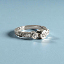 Load image into Gallery viewer, Palau 3mm Old English Flat Ring with Bezel Set Diamonds in 14K White Gold in size 5 1/4 with chip chop side engraving