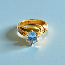 Load image into Gallery viewer, Palau Plumeria Ring with Light Blue Sapphire & Diamonds in 14K Yellow Gold in size 6 1/8