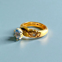 Load image into Gallery viewer, Palau Plumeria Ring with Light Blue Sapphire & Diamonds in 14K Yellow Gold in size 6 1/8
