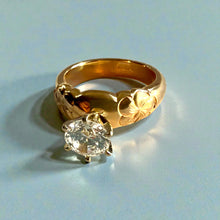 Load image into Gallery viewer, Kuilima Plumeria Ring with 6.4mm Cubic Zirconia in 14K Yellow Gold in size 6 5/8
