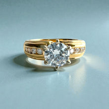 Load image into Gallery viewer, Kaimana Tapered 6mm Long Leaf Maile Ring with 6.4mm Cubic Zirconia & Diamonds in 14K Yellow Gold in size 7