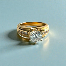 Load image into Gallery viewer, Kaimana Tapered 6mm Plumeria with Leaves Ring with 6.4mm Cubic Zirconia & Diamonds in 14K Yellow Gold in size 6 1/2