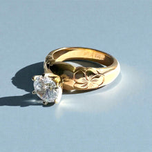 Load image into Gallery viewer, Kuilima Plumeria Ring with 6.4mm Cubic Zirconia in 14K Yellow Gold in size 6 5/8