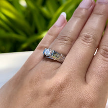 Load image into Gallery viewer, Model wearing Old English & Hibiscus 6mm French Mount Solitaire Ring in .75ct Cubic Zirconia in 14K White Gold in size 6 5/8