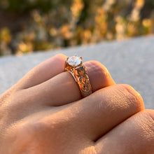 Load image into Gallery viewer, Old English & Hibiscus 6mm Tapered French Mount Solitaire Ring with 1ct Cubic Zirconia in 14K Pink Gold in size 5 3/4