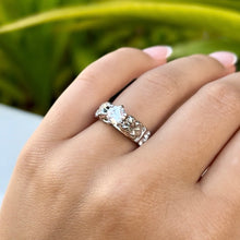 Load image into Gallery viewer, Deep Cut Maile & Plumerias Solitaire Ring with Cubic Zirconia & Diamonds in 14K White Gold in size 7