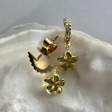 Load image into Gallery viewer, 18K Yellow Gold Half Hoop Earrings w/ 18K Green Gold Dangle Plumeria Flowers
