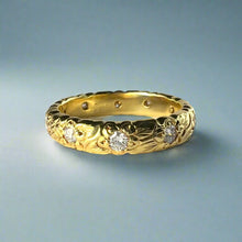 Load image into Gallery viewer, Scalloped 4mm Plumeria w/ Leaves & Diamonds Ring in 18K Yellow Gold