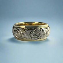 Load image into Gallery viewer, Two-Tone Scalloped Top Old English & Hibiscus 8mm Ring in 14K Green & White Gold