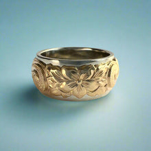 Load image into Gallery viewer, Two-Tone Scalloped Top Hibiscus & Old English 10mm Ring in 14K Yellow & White Gold