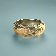 Load image into Gallery viewer, Two-Tone Scalloped Top & Border Old English & Hibiscus 8mm Ring in 14K White & Yellow Gold