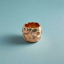 Load image into Gallery viewer, Large Scalloped Bead Pendant w Hibiscus and Plumeria Old English in 14K Pink Gold